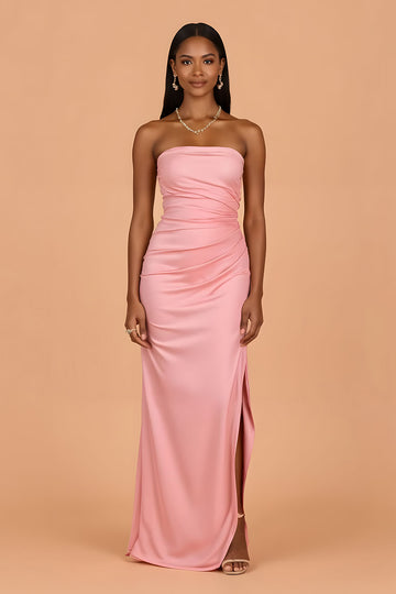 Strapless Blush Sheath Chiffon Bridesmaid Dress With Slit